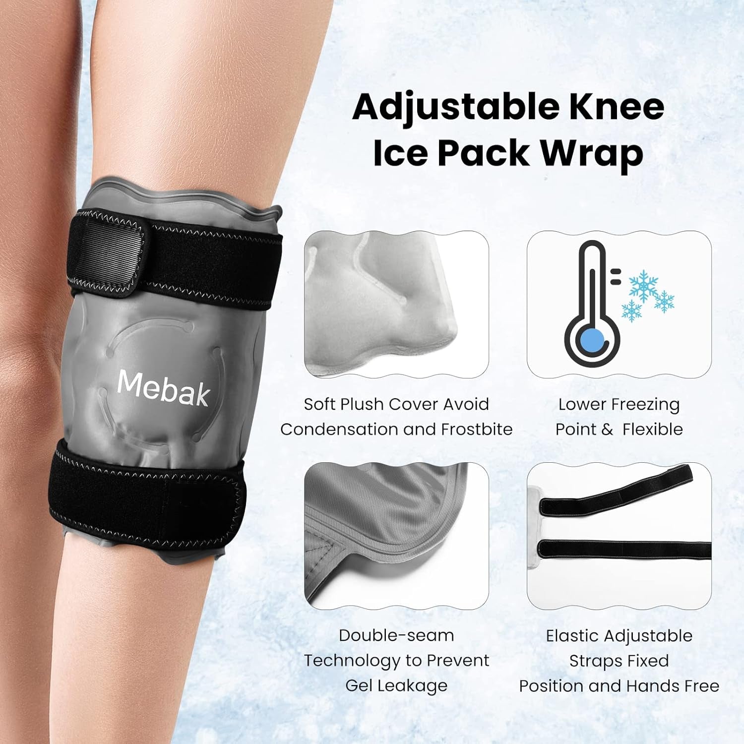 Knee Ice Pack Wrap for Injuries and Post-Surgery Recovery, with Gel Ice Pack for Knee, Cold Pack Cover for Swelling, Bruises, Meniscus Tear, and ACL Recovery - Grey