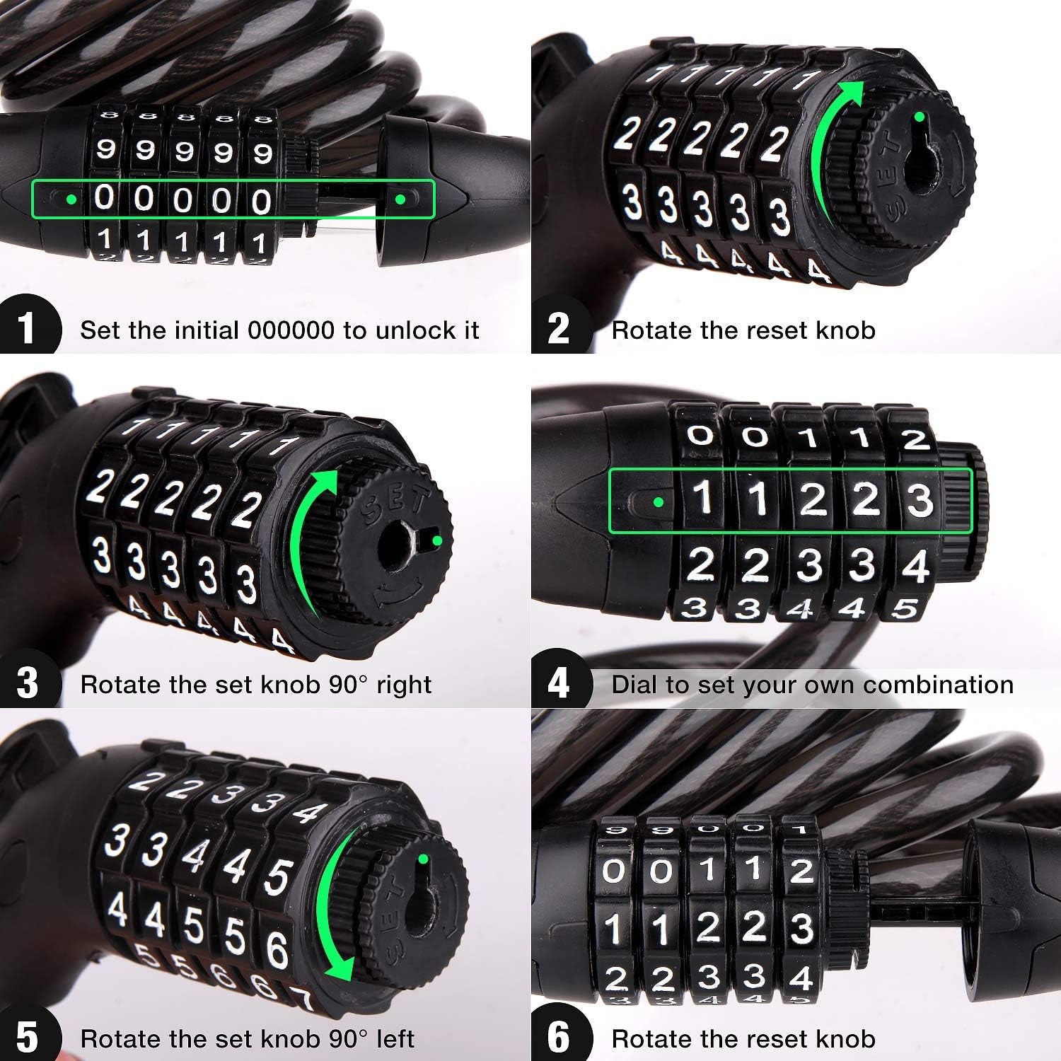 Heavy Duty 5-Digit Combination Cable Chain Lock for Bicycles, Motorcycles, and Scooters - 1.2cm/4ft Long, 0.5"/12mm Diameter, with Mounting Bracket