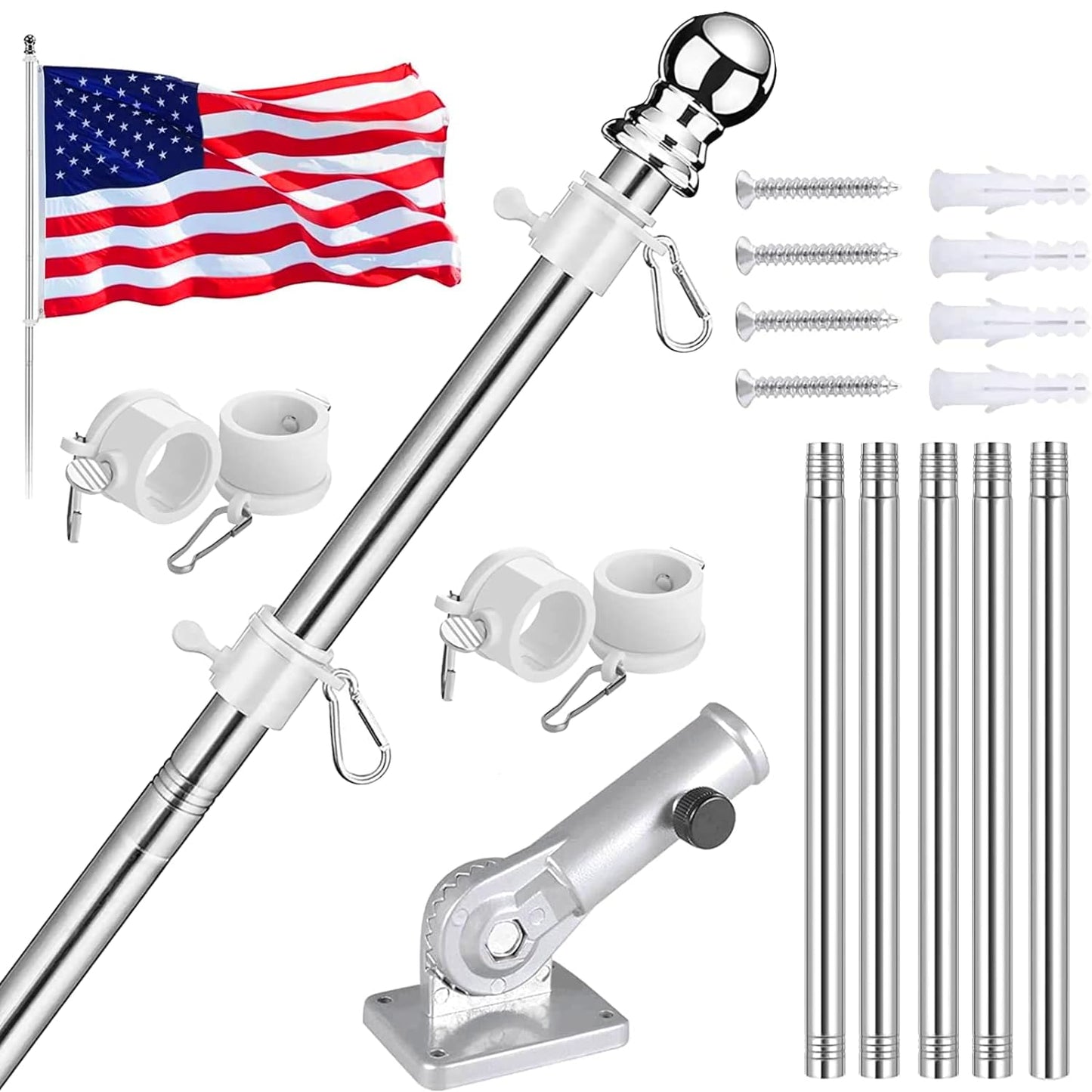 6FT Flag Pole Kit - Heavy Duty Stainless Steel Adjustable Flag Pole with 180 Degree Bracket - Ideal for Outdoor Use in Truck, Porch, Garden, Yard, and House