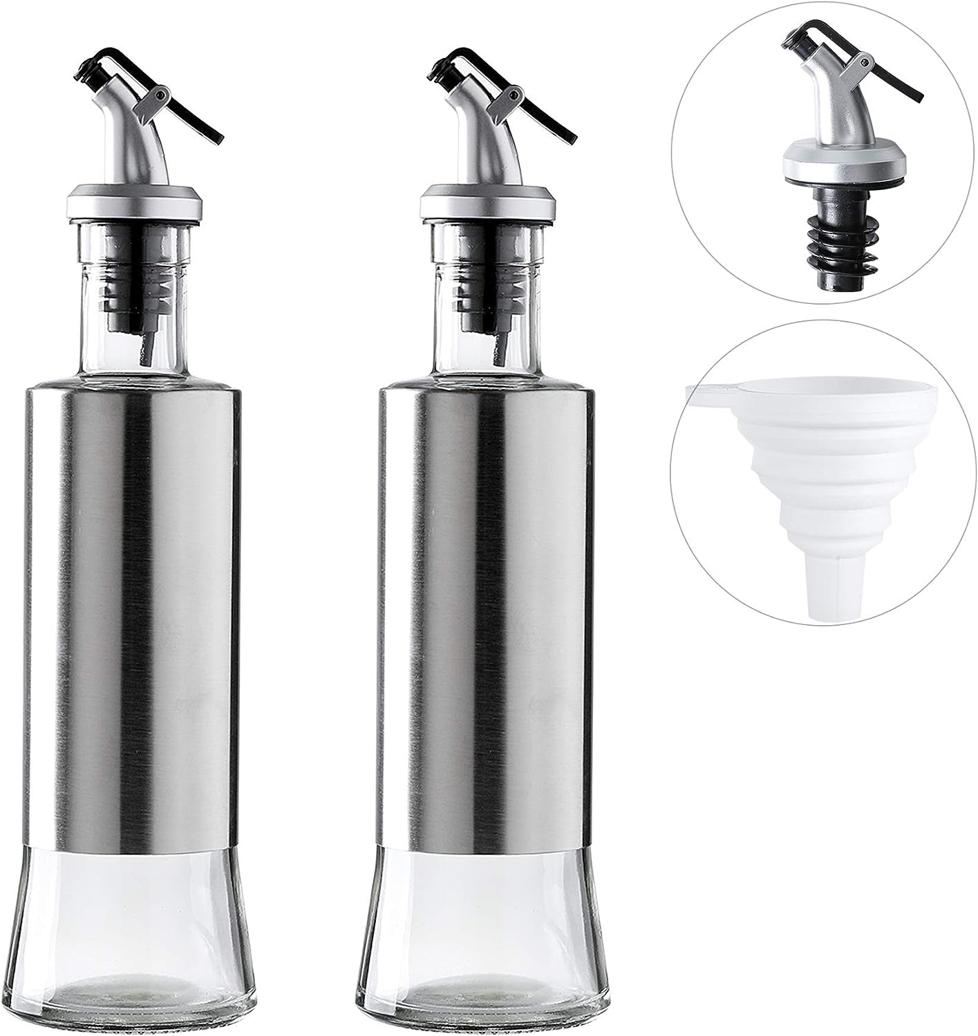 Set of 2 Olive Oil and Vinegar Dispensers: Glass Bottles with Drip-Free Pourers and Stainless Steel Shells - Premium Kitchen Accessories for Cooking and Dressing