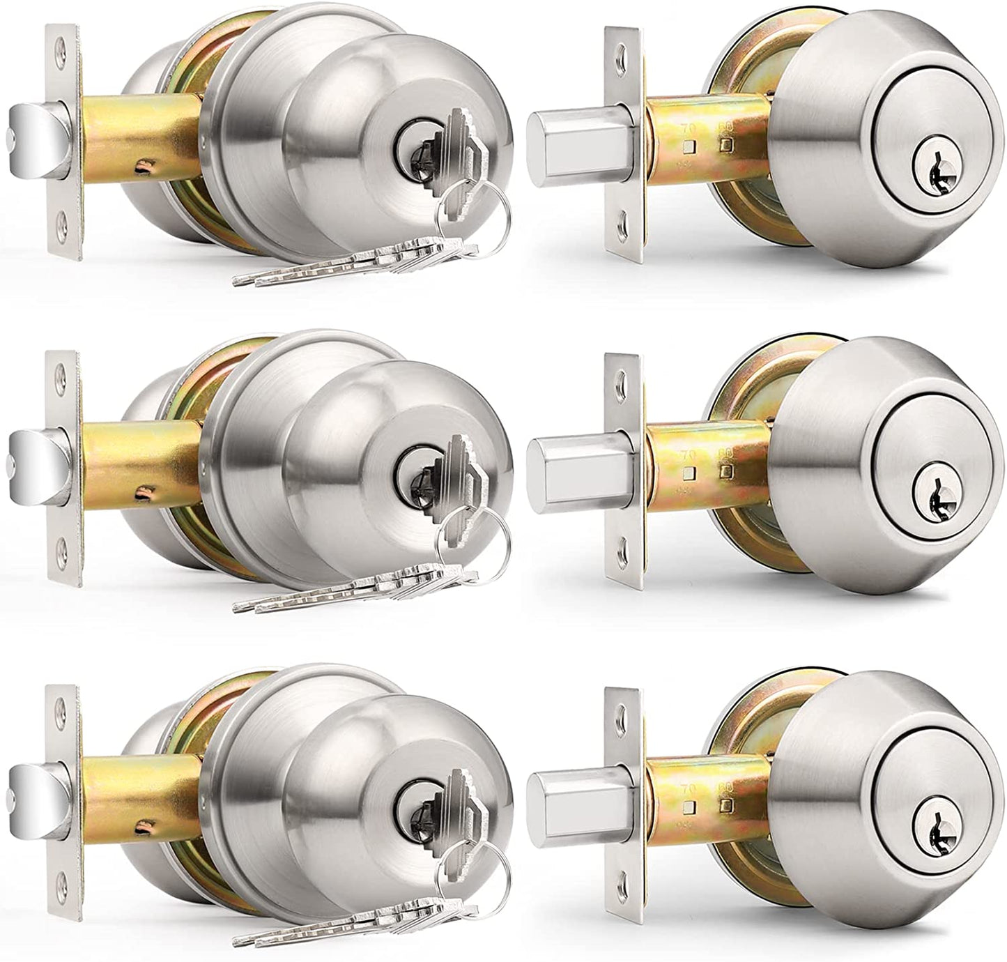 Entry Door Knob and Deadbolt Lock Set - Includes 3 Sets of Handlesets with Single Cylinder Deadbolts Keyed Alike. Suitable for Right or Left-Handed Doors, for both Exterior and Interior Use.