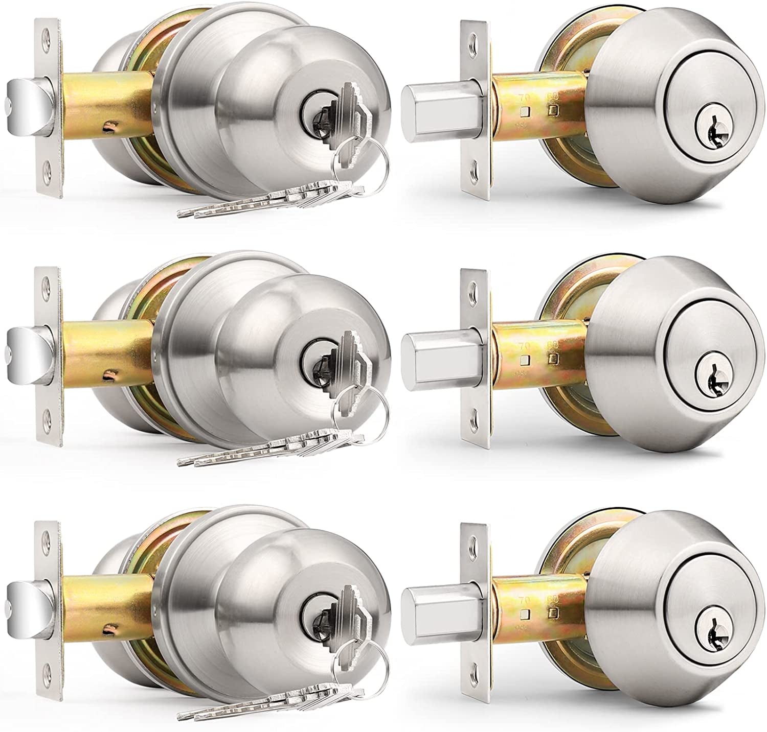 Entry Door Knob and Deadbolt Lock Set - Includes 3 Sets of Handlesets with Single Cylinder Deadbolts Keyed Alike. Suitable for Right or Left-Handed Doors, for both Exterior and Interior Use.