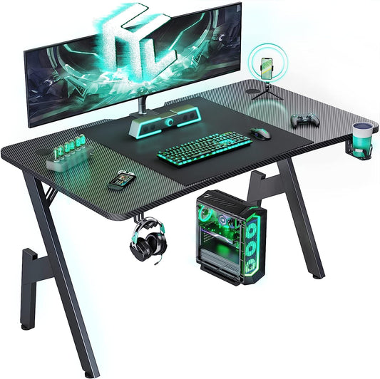 47-Inch Gaming Desk with Carbon Fiber Surface: Ergonomic Computer Workstation for Home Office, Equipped with Cup Holder & Headphone Hook, Ideal for Gamers and PC Enthusiasts