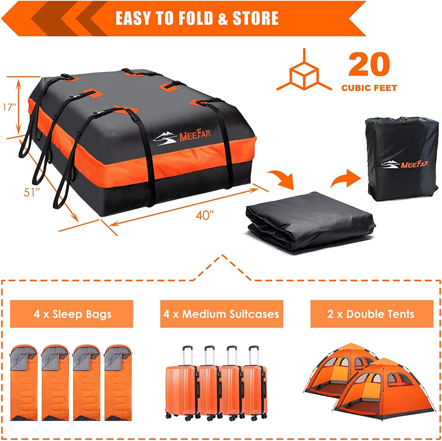 20 Cubic Feet Car Roof Bag - Waterproof Rooftop Cargo Carrier Bag - Suitable for All Cars with or without Racks - Includes Anti-Slip Mat, 10 Reinforced Straps, 6 Door Hooks, and Luggage Lock for Secure Travel.