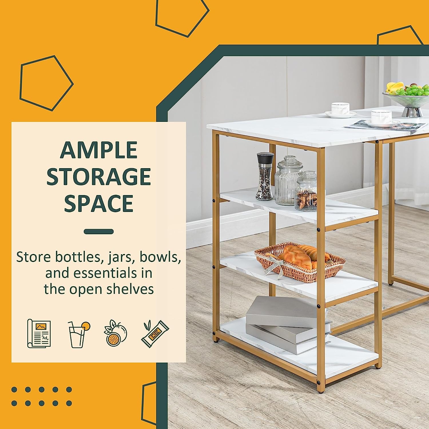 3 Piece Bar Table Set with 2 Stools, Ideal for Small Spaces, Featuring Storage Shelves and White Faux Marble Design