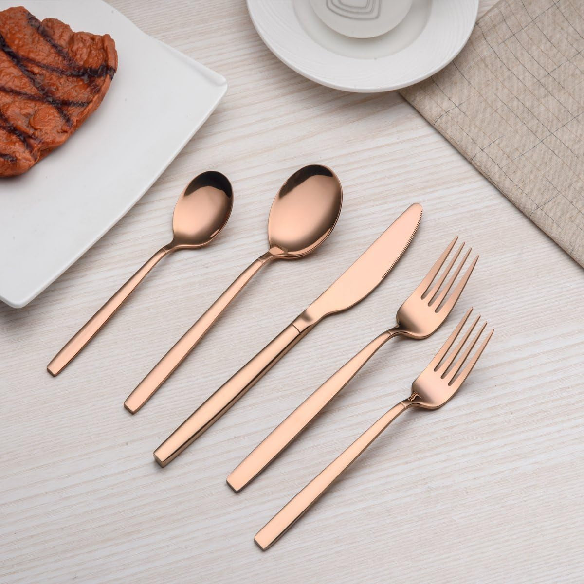 Shiny Copper 20-Piece Titanium Rose Gold Plated Stainless Steel Flatware Set - Includes Copper Silverware Set for 4 People, Creating a Stunning Copper Color Cutlery Set.