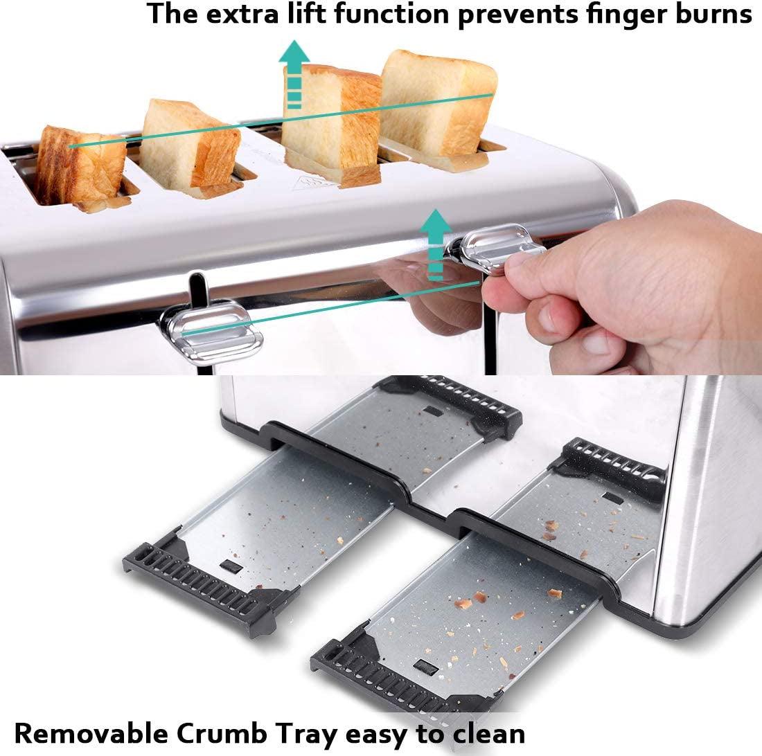 4-Slice Stainless Steel Toaster: With 4 Extra Wide Slots, Bagel/Defrost/Cancel Functions, 6 Shade Settings, and a Removable Crumb Tray.