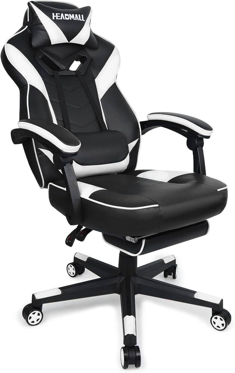 Gaming Chair with Footrest - Office Chair with Lumbar Support and Headrest - Height Adjustable - 360° Swivel Seat - Black and White Design.