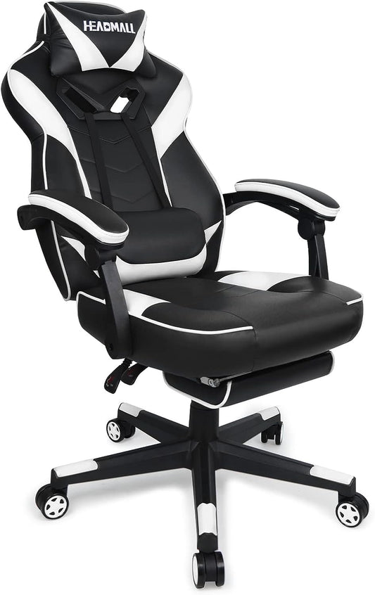 Gaming Chair with Footrest - Office Chair with Lumbar Support and Headrest - Height Adjustable - 360° Swivel Seat - Black and White Design.