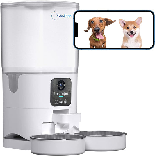 Smart Pet Feeder with Camera, Double Bowls, 7L, White