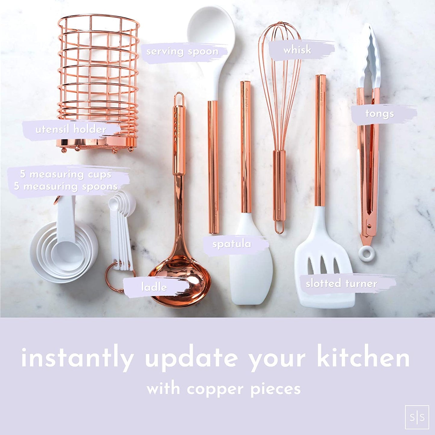 Rose Gold Kitchen Utensils Set with Holder - 17-Piece Collection of White Silicone and Copper Kitchen Tools, Including Measuring Cups, Measuring Spoons, and a Stylish Copper Utensil Holder - Enhance Your Kitchen with Elegant Copper Kitchen Accessories