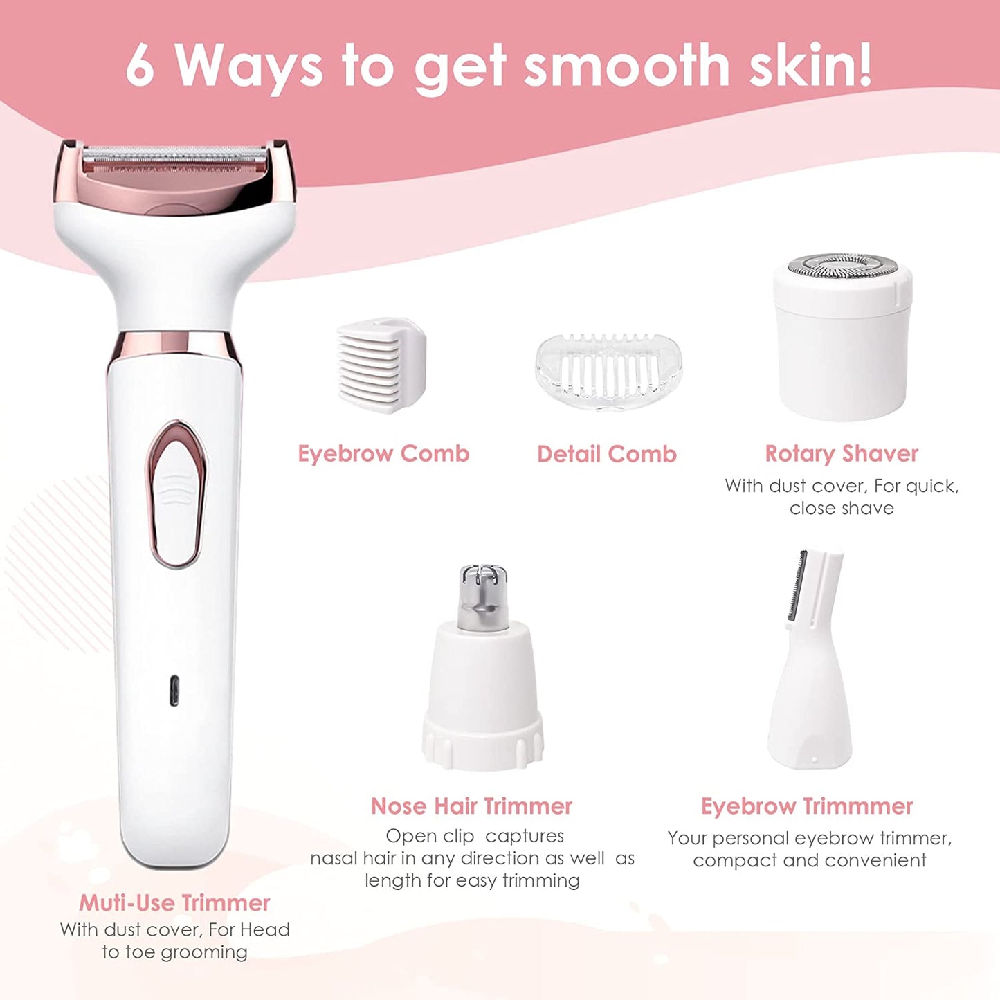 4-in-1 Electric Women's Hair Removal Epilator - Cordless, Rechargeable, Portable Shaver for Legs, Face, Arms, Bikini, Armpits, and Pubic Hair Removal in White.