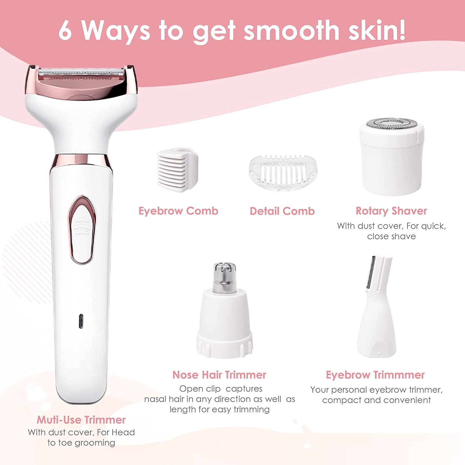 4-in-1 Electric Women's Hair Removal Epilator - Cordless, Rechargeable, Portable Shaver for Legs, Face, Arms, Bikini, Armpits, and Pubic Hair Removal in White.