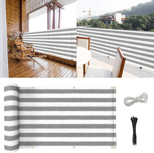 Weather-Resistant Balcony Privacy Screen Cover with UV Protection – Black Balcony Shield Cover, Complete with Cable Ties & Ropes (Grey White)