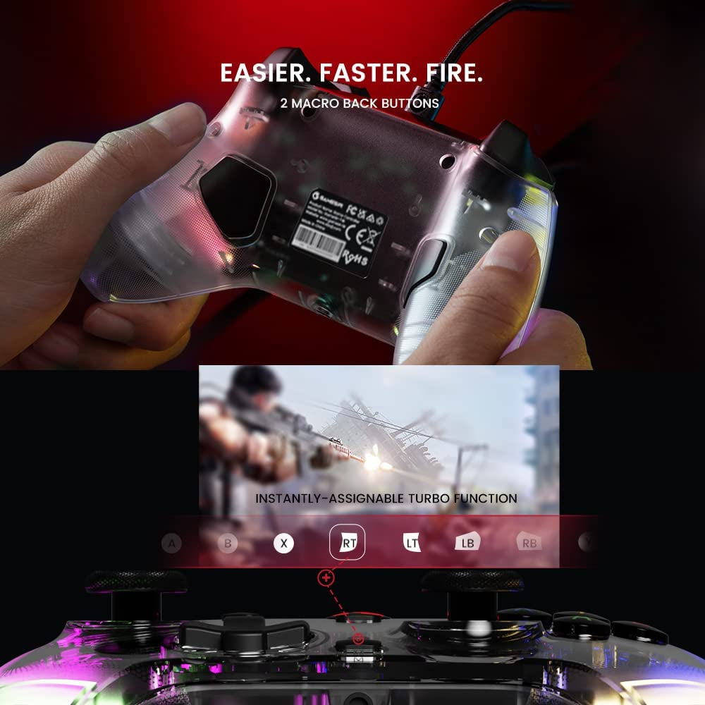Kaleid Transparent T4 PC Controller - Wired Gaming Controller for PC, Switch, and Android TV Box. Plug and Play Gamepad Joystick featuring Hall Effect Sticks, Analog Triggers, 3.5mm Audio Jack, and 2 Back Buttons.