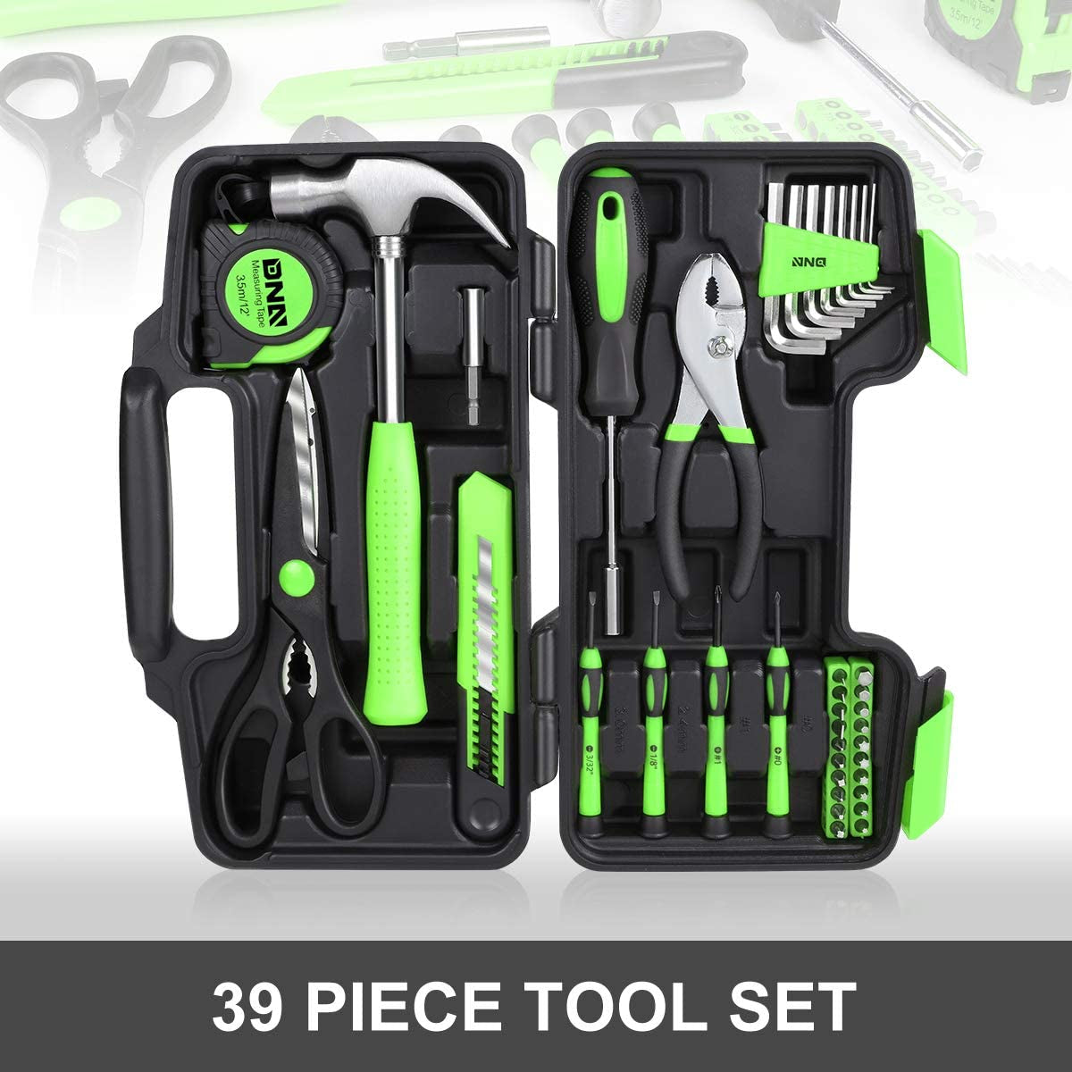Green 39-Piece Portable Tool Kit: Includes Household Hand Toolbox with General Repair Tools such as Screwdriver, Pliers, Hammer, and Hex Keys.