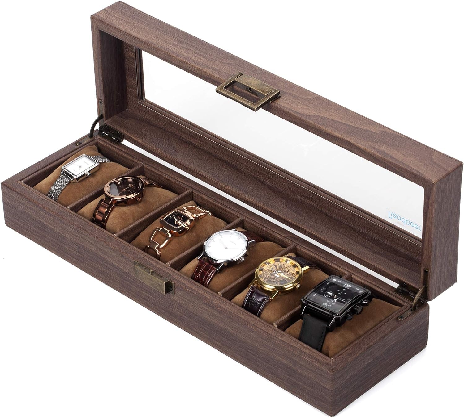 Men's Wood Grain PU Leather Watch Box Organizer with Glass Top and Removable Storage Pillows