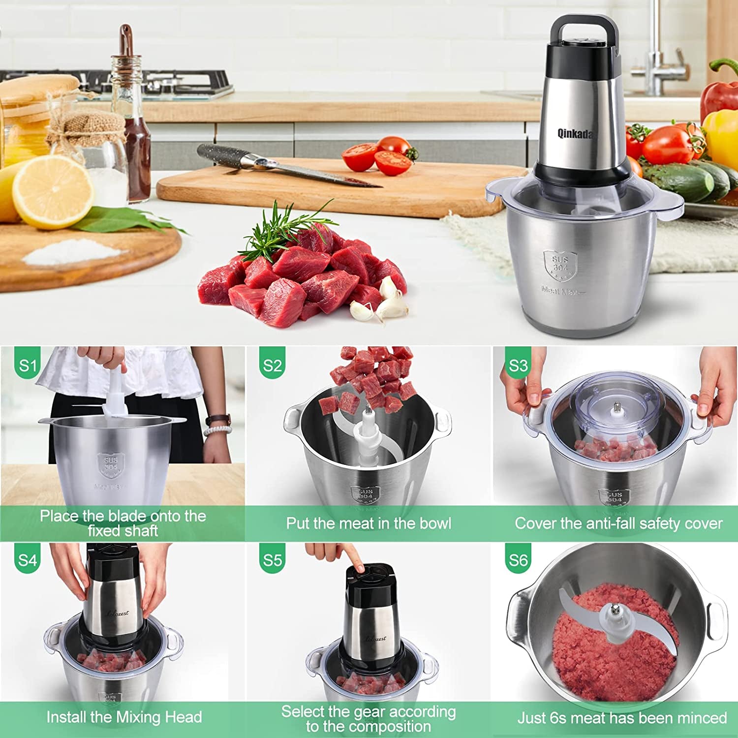 Electric Meat Grinder,  500W Food Processor 3.5L Chopping Meat, 14Cup Large Stainless Steel Electric Food Chopper with 4 Sharp Blades 3 Rotating Speed Levels and Spatula