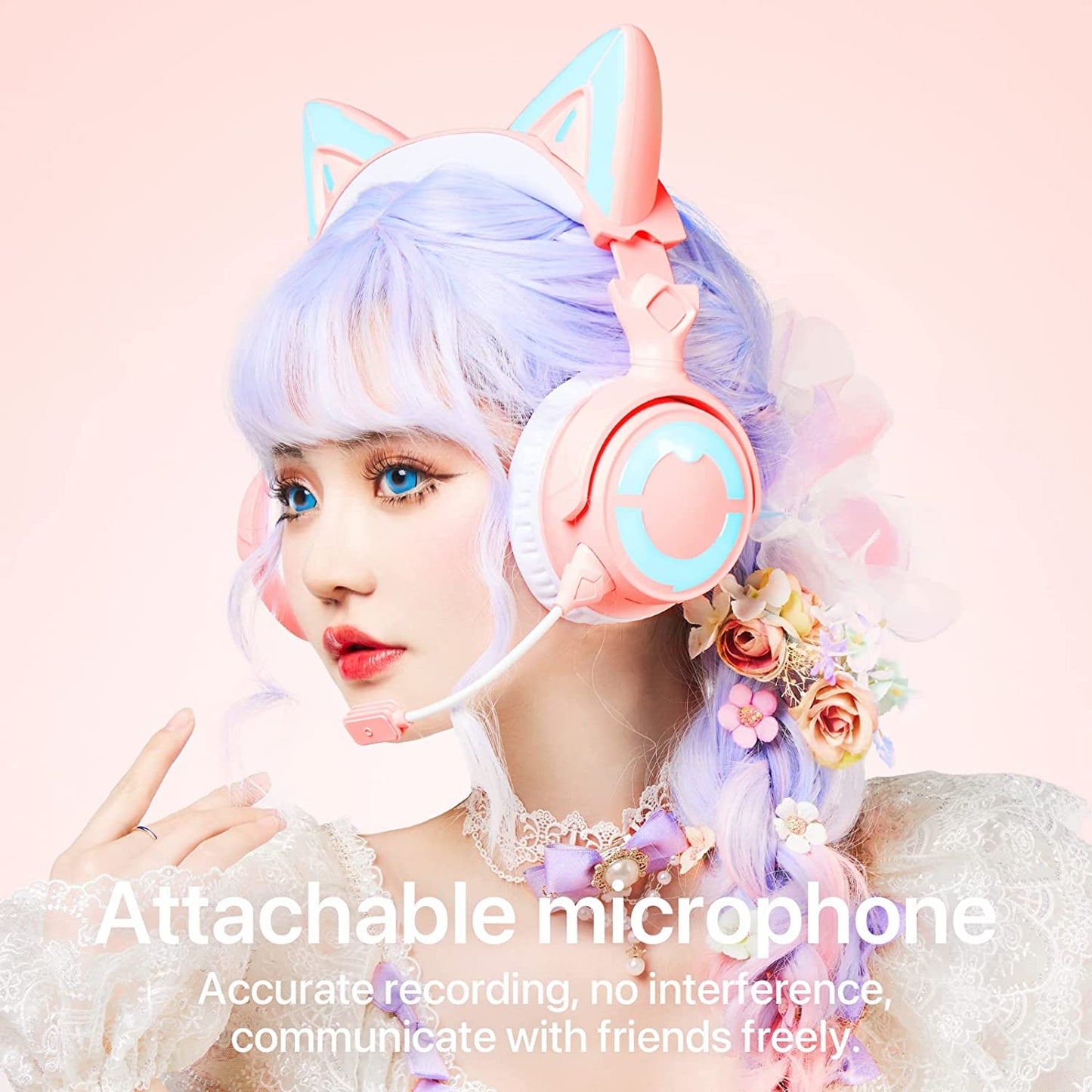 Pink RGB Cat Ear Headphone 4: Upgraded Wireless & Wired Gaming Headset with Attachable HD Microphone. Features Active Noise Reduction, Dual-Channel Stereo, and Customizable Lighting and Effects via APP.