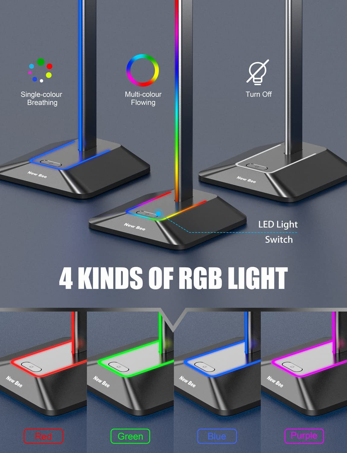 RGB Headphone Stand with 1 USB Charging Port & 1 USB-C Charging Port: Gaming Headset Stand with 7 Light Modes for PC Desktop Table - Earphone Accessories Holder