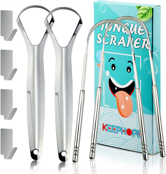 Medical Grade Stainless Steel Tongue Scraper (4 Pack) - Tongue Cleaner with Mini Hooks for Adults and Kids - Promotes Oral Health and Reduces Bad Breath