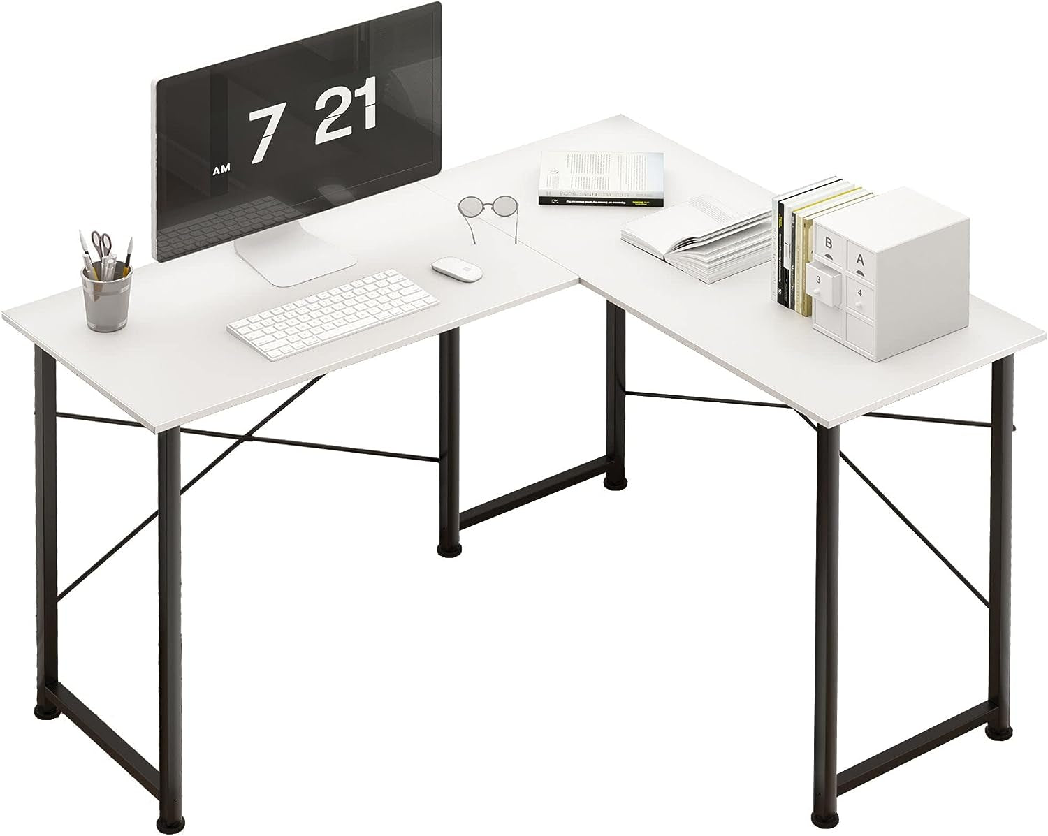 L-Shaped Computer Desk: 49.6 Inch Corner Desk with X-Shaped Metal Frame. Ideal Gaming and Writing Desk for Home Office in White