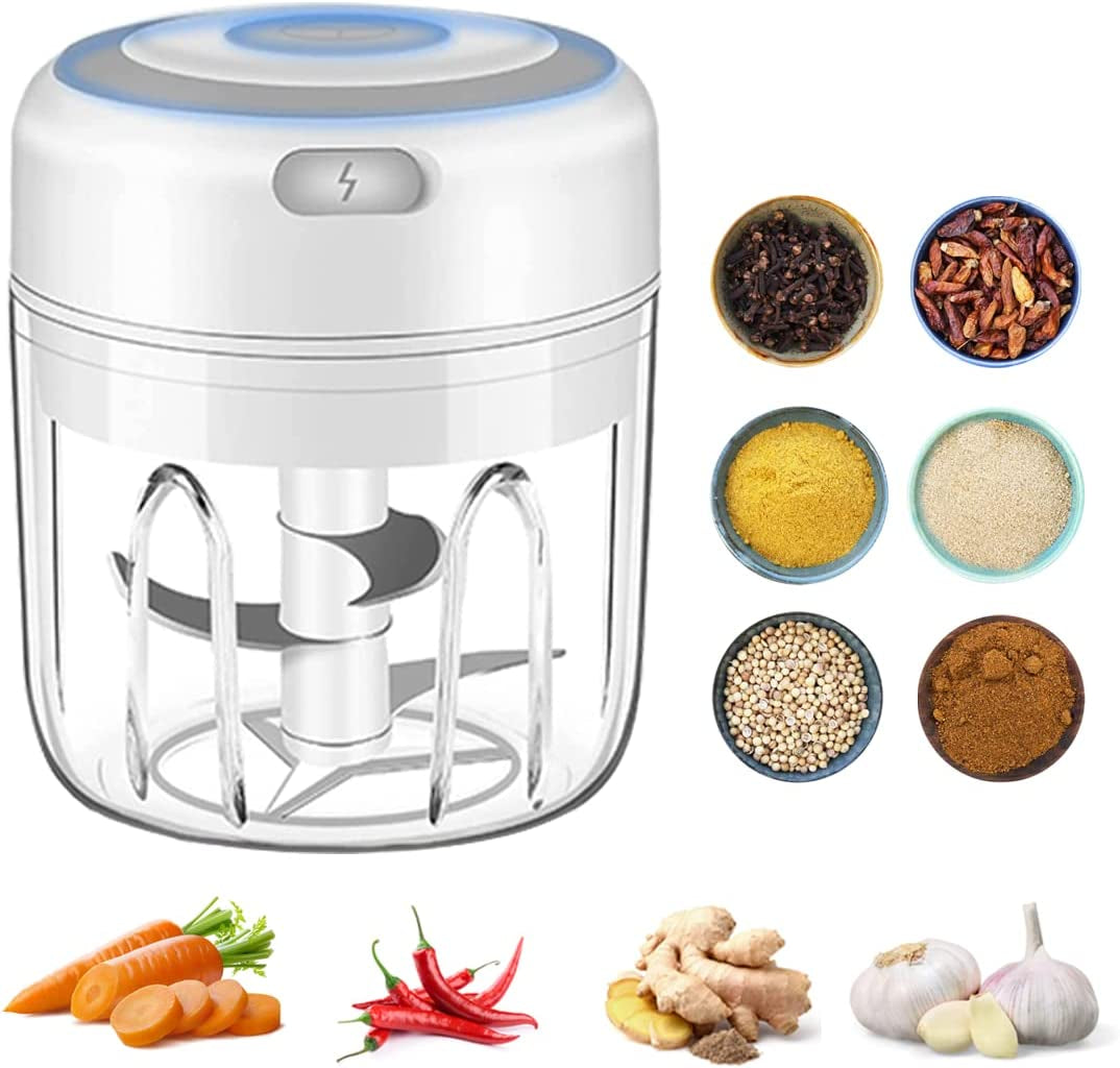 Mini Electric Food Processor: Perfect Kitchen Tool for Chopping Vegetables, Pepper, Onion, Garlic, Ginger, Spices, Meat, and Making Baby Food. It has a 250ML capacity, is USB rechargeable, and measures 3.42 x 3.8 inches.