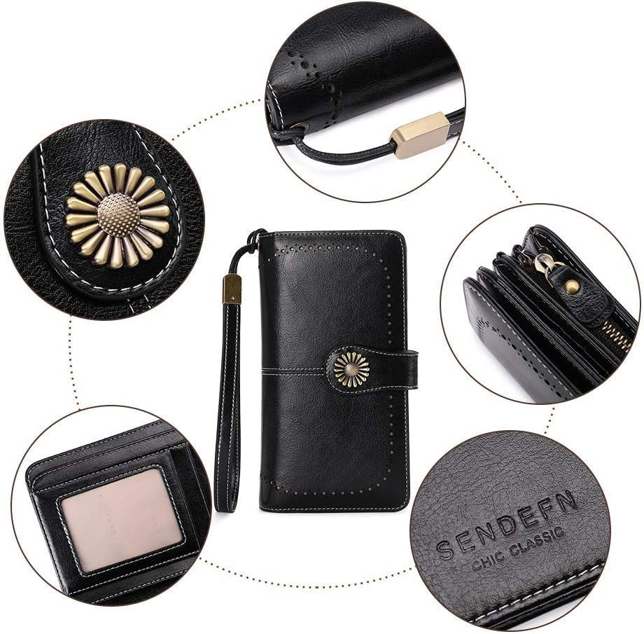 Genuine Leather Women's RFID Blocking Wallet Black - Clutch Style with Card Holder Organizer and Purse Functionality, Available in Black; Measures 7.6 x 1.37 x 4.1 inches, Offers Zipper Closure, Snap Closure, and Trifold Closure for Enhanced Security.