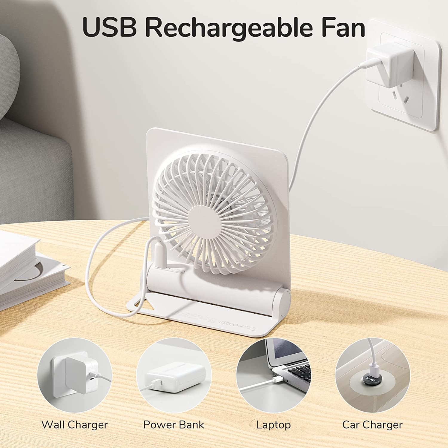 Portable USB Rechargeable Desk Fan: Enjoy the Convenience of a Small and Folding Personal Mini Fan with a 4500mAh Battery. It Provides Strong Wind and Operates Ultra Quietly with 4 Speed Modes, Making it Perfect for Office, Home, and Camping Use in White.