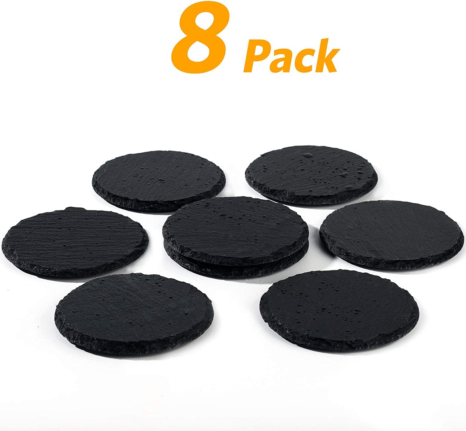 Set of 8 Eco-Friendly Round Slate Drink Coasters with Holder - Perfect for Drinks at Bars and Home. These Slate Stone Coasters are 4 inches in diameter and come in Black.