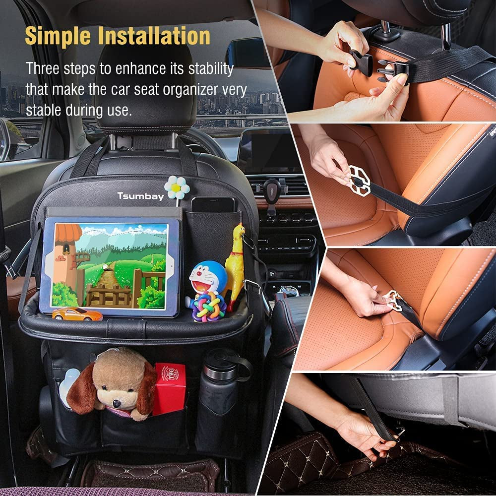  Car Backseat Organizer with Tablet Holder.25 9 Storage Pockets PU Leather Car Storage Organizer with Foldable Table Tray Car Seat Back Protectors Kick Mats Travel Accessories-Black 1Pcs