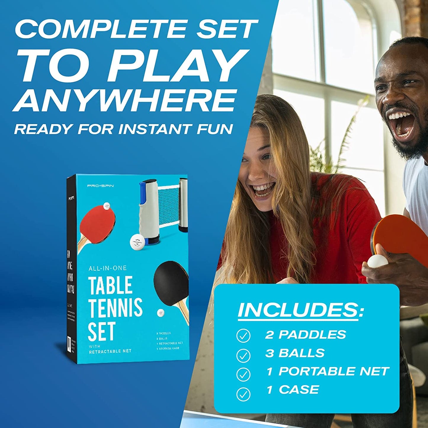 All-In-One Portable Ping Pong Set - Retractable Net For Any Table, Premium Ping Pong Paddles, 3-Star Table Tennis Balls, Convenient Storage Case |