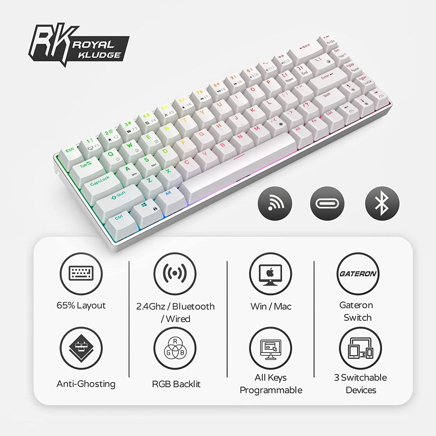 Wireless/Bluetooth/Wired RK68 Pro Mechanical Keyboard - Gateron Brown Switch Gaming Keyboard with CNC Case, RGB Hot Swappable, and Software for Win/Mac.