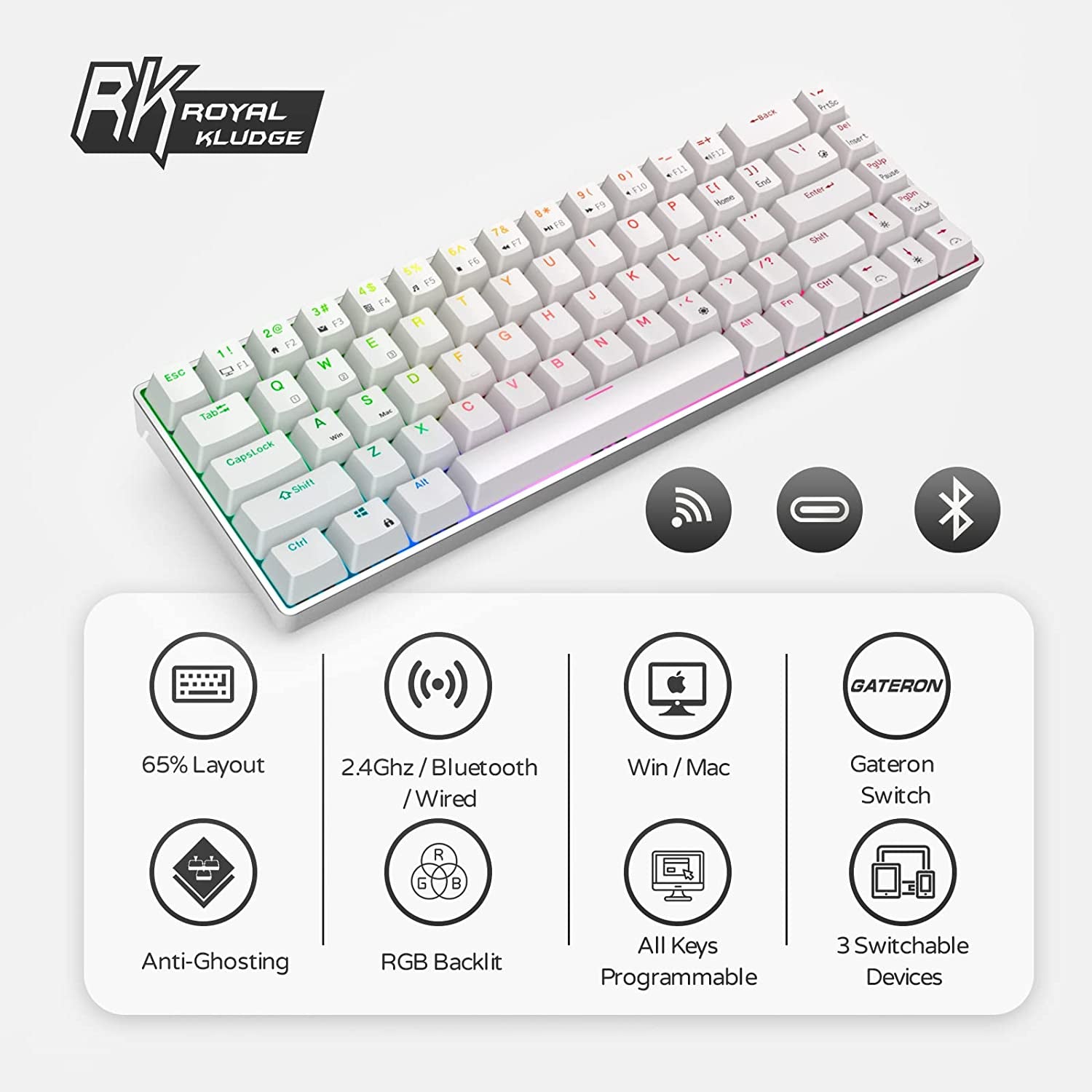 Wireless/Bluetooth/Wired RK68 Pro Mechanical Keyboard - Gateron Brown Switch Gaming Keyboard with CNC Case, RGB Hot Swappable, and Software for Win/Mac.