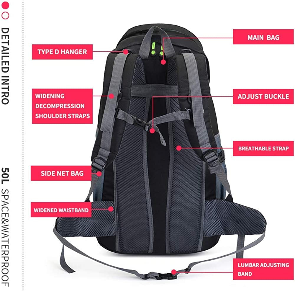 50L Water Resistant Hiking Backpack for Climbing, Camping, and Touring