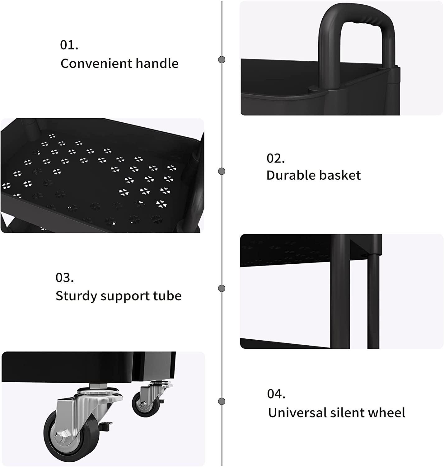 3-Tier Multifunction Kitchen Rolling Utility Cart - Storage Organizer with Handle and 2 Lockable Wheels for Kitchen,Bathroom,Living Room,Office,Black