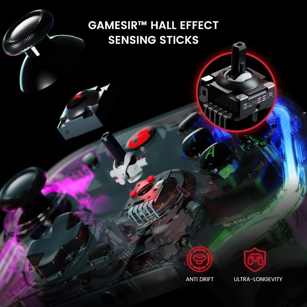 Kaleid Transparent T4 PC Controller - Wired Gaming Controller for PC, Switch, and Android TV Box. Plug and Play Gamepad Joystick featuring Hall Effect Sticks, Analog Triggers, 3.5mm Audio Jack, and 2 Back Buttons.