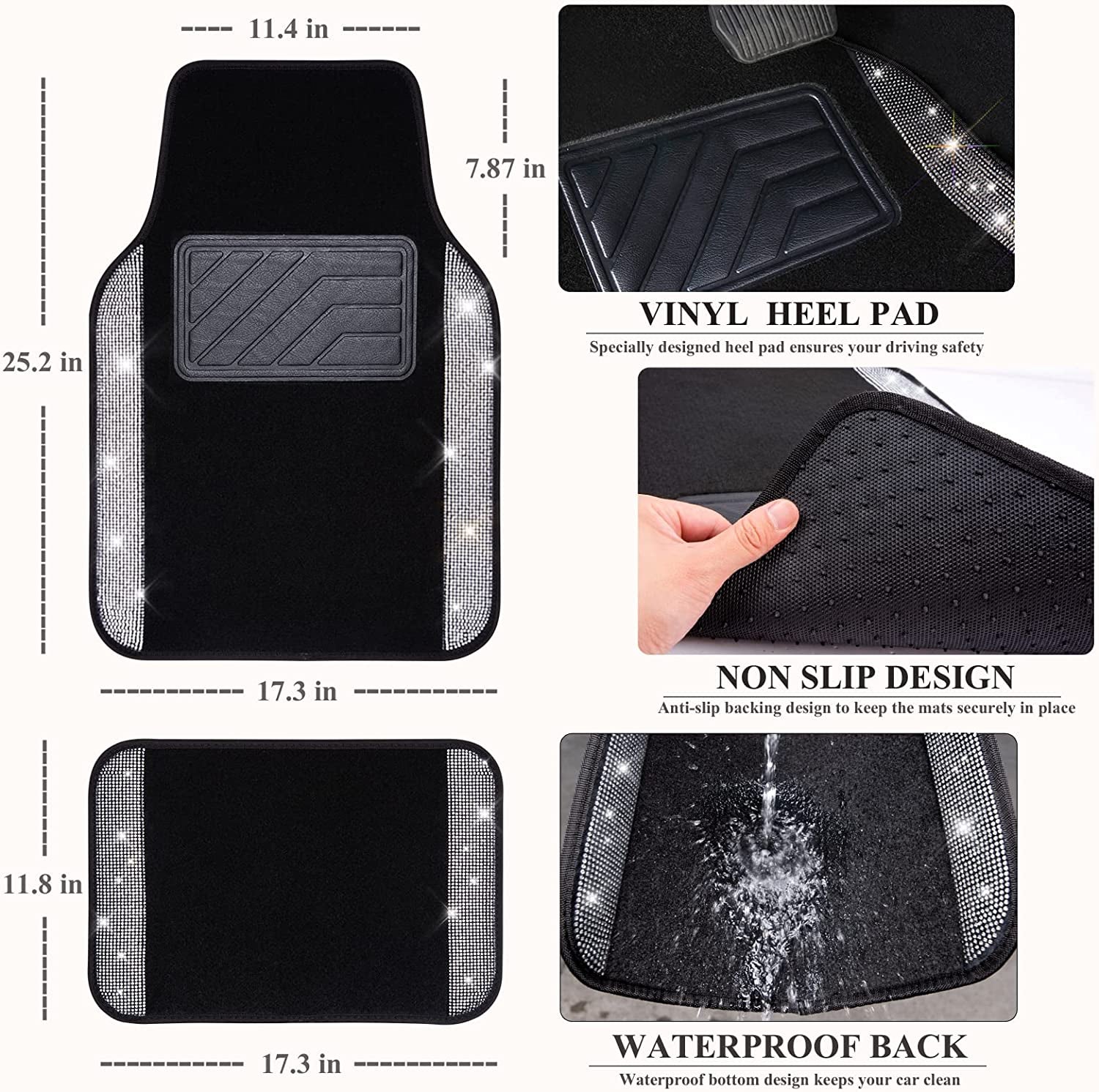 Rhinestone-Embellished Carpet, Crystal Diamond Glitter Car Floor Mats with Anti-Slip Heel Pad, Universal Fit for SUVs, Sedans, Vans, and Cars - 4pcs Set, Black Silver