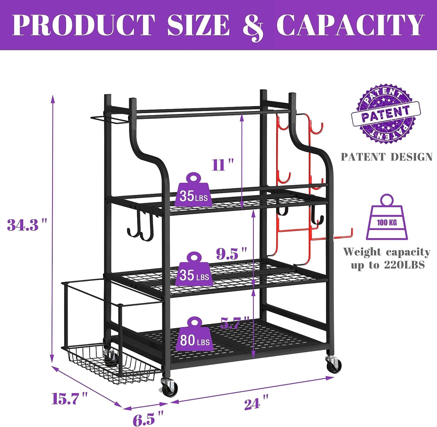 Yoga Mat Storage Rack with Wheels and Hooks - Keep your home gym organized. Store dumbbells, foam rollers, yoga straps, resistance bands, and yoga mats neatly in one place.