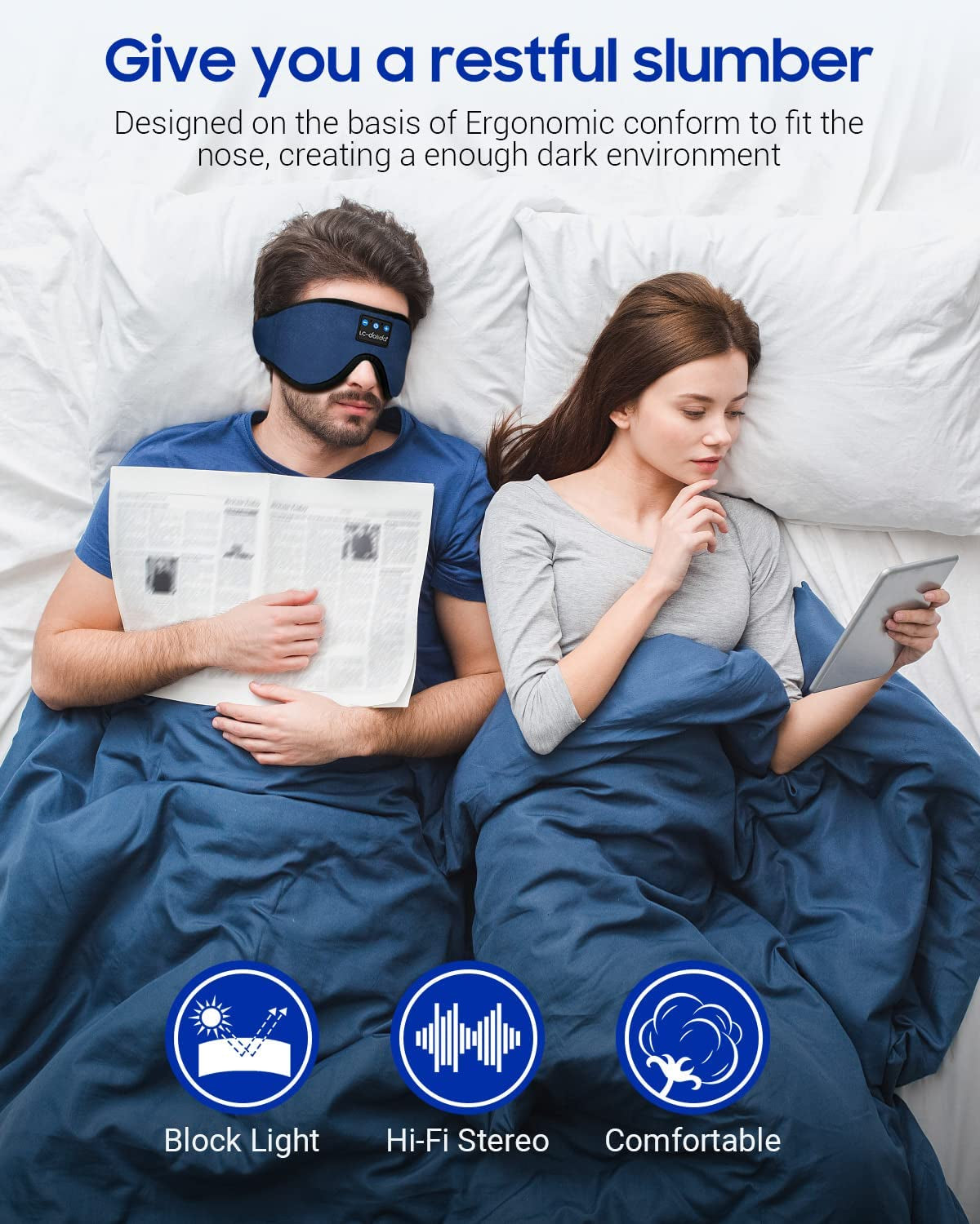 3D Sleep Mask Headphones, Bluetooth Sleeping Eye Masks, Ultra-Thin HD Stereo Speakers Wireless Sleep Headphones for Yoga, Insomnia, Over-Ear Earbuds, Cool Tech Gadget Gifts for Women in Dark Blue