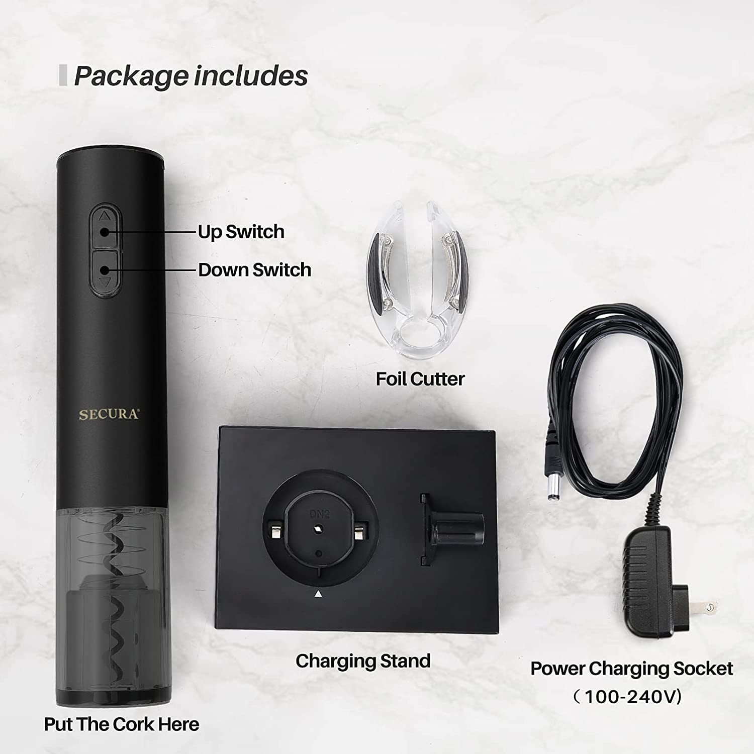 Rechargeable Automatic Electric Wine Bottle Corkscrew Opener with Foil Cutter (Black)