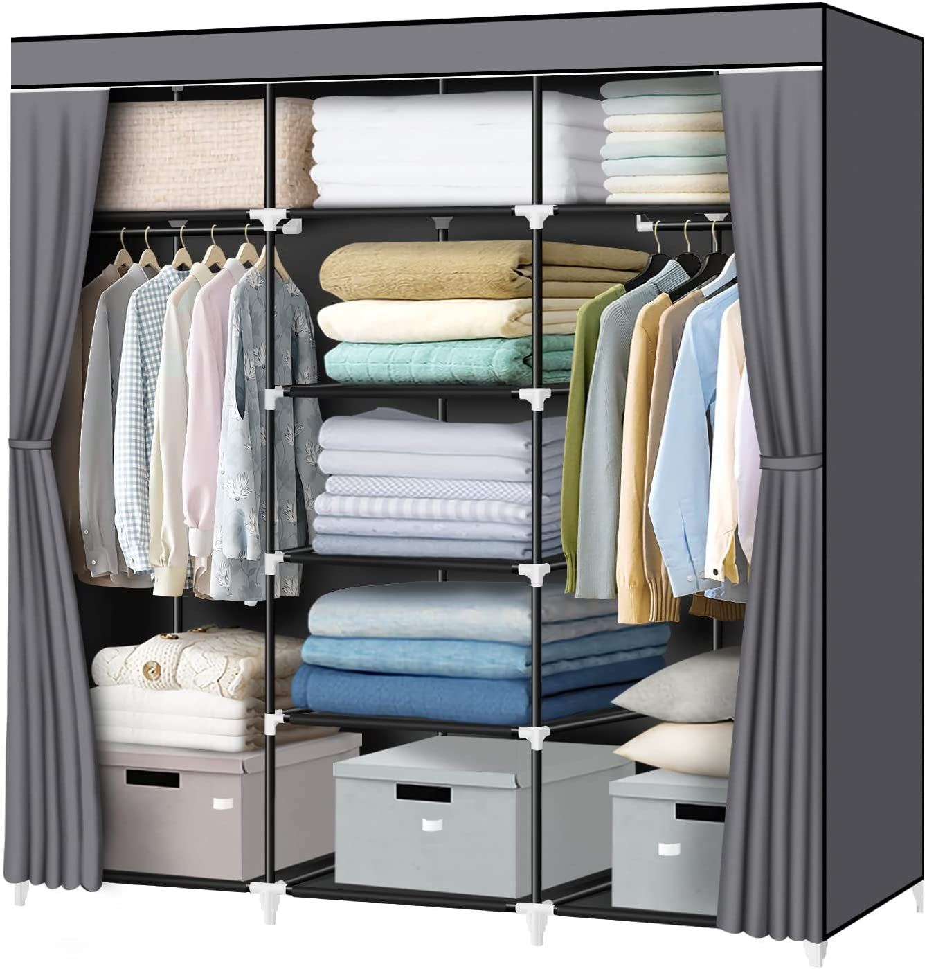 Portable Closet: 55.5 Inch Wardrobe Closet for Hanging Clothes with 2 Hanging Rods and 9 Clothes Storage Organizer Shelves. This Gray Closet is Extra Durable and Quick and Easy to Assemble.