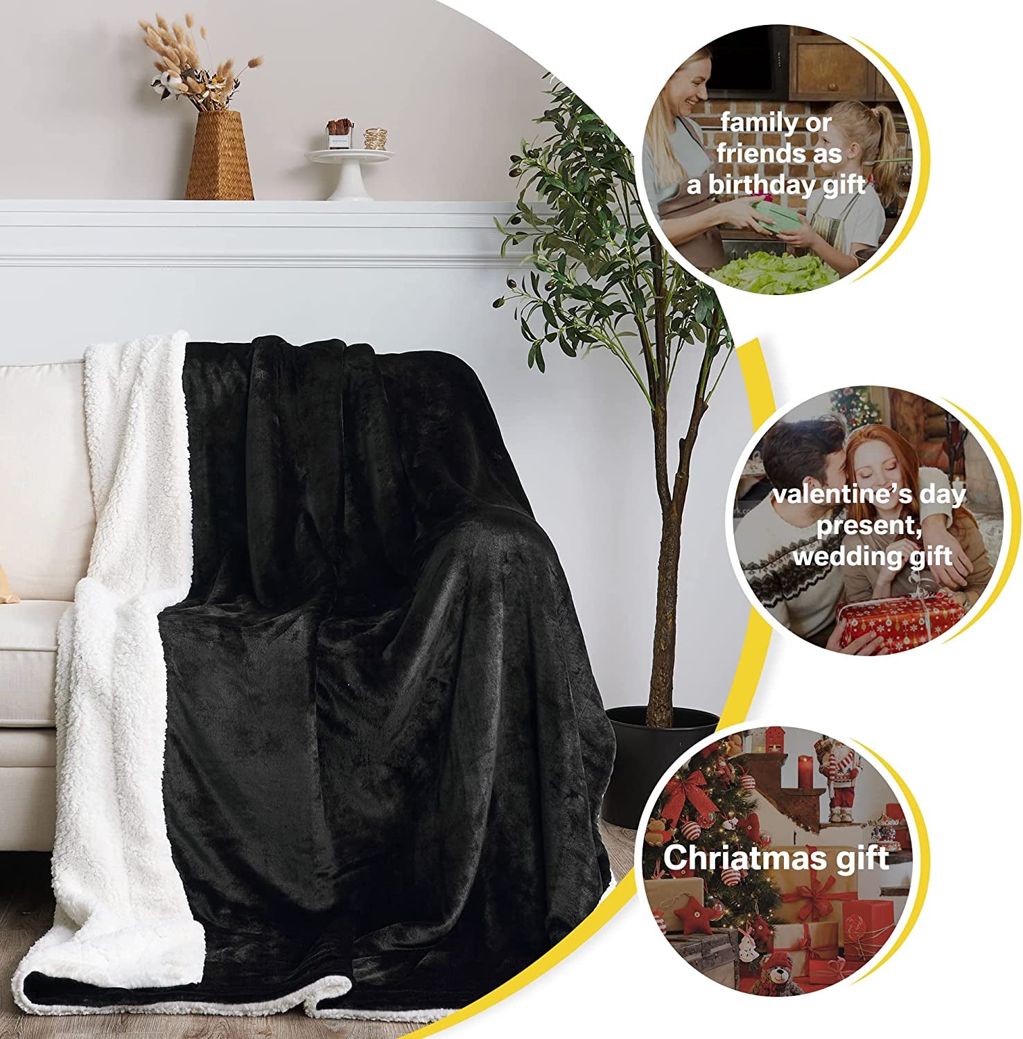 Black Sherpa Fleece Blanket - A Warm, Dual-Sided Fluffy Plush Lap Blanket measuring 50 x 60 inches. Super Soft and ideal for Kids, School Dormitories, Women, Babies, and suitable for All Seasons. A great Gift Throw Blanket.