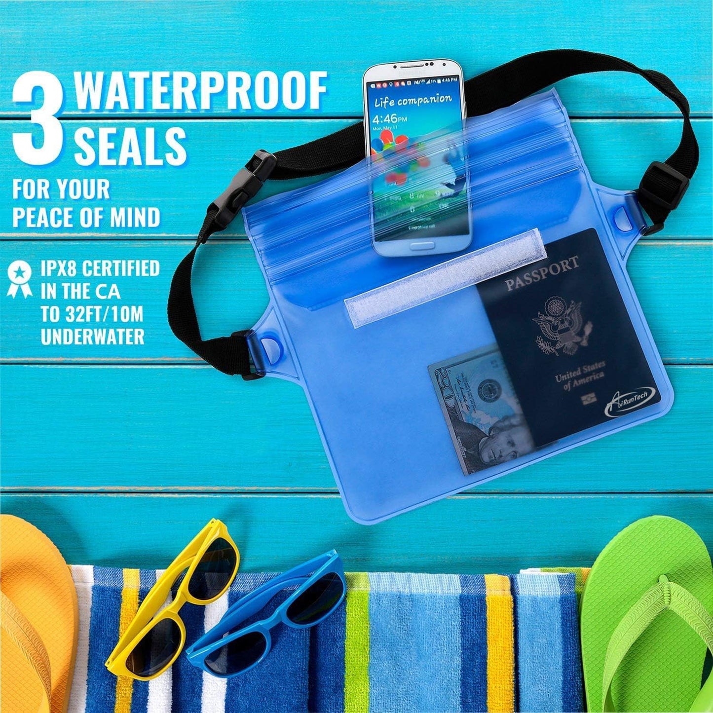 Waterproof Pouch with Waist Strap (2 Pack) - Premium Beach Accessory for Secure and Dry Storage of Your Phone and Valuables - Ideal for Boating, Swimming, Snorkeling, Kayaking, Beach, Pool, and Water Parks