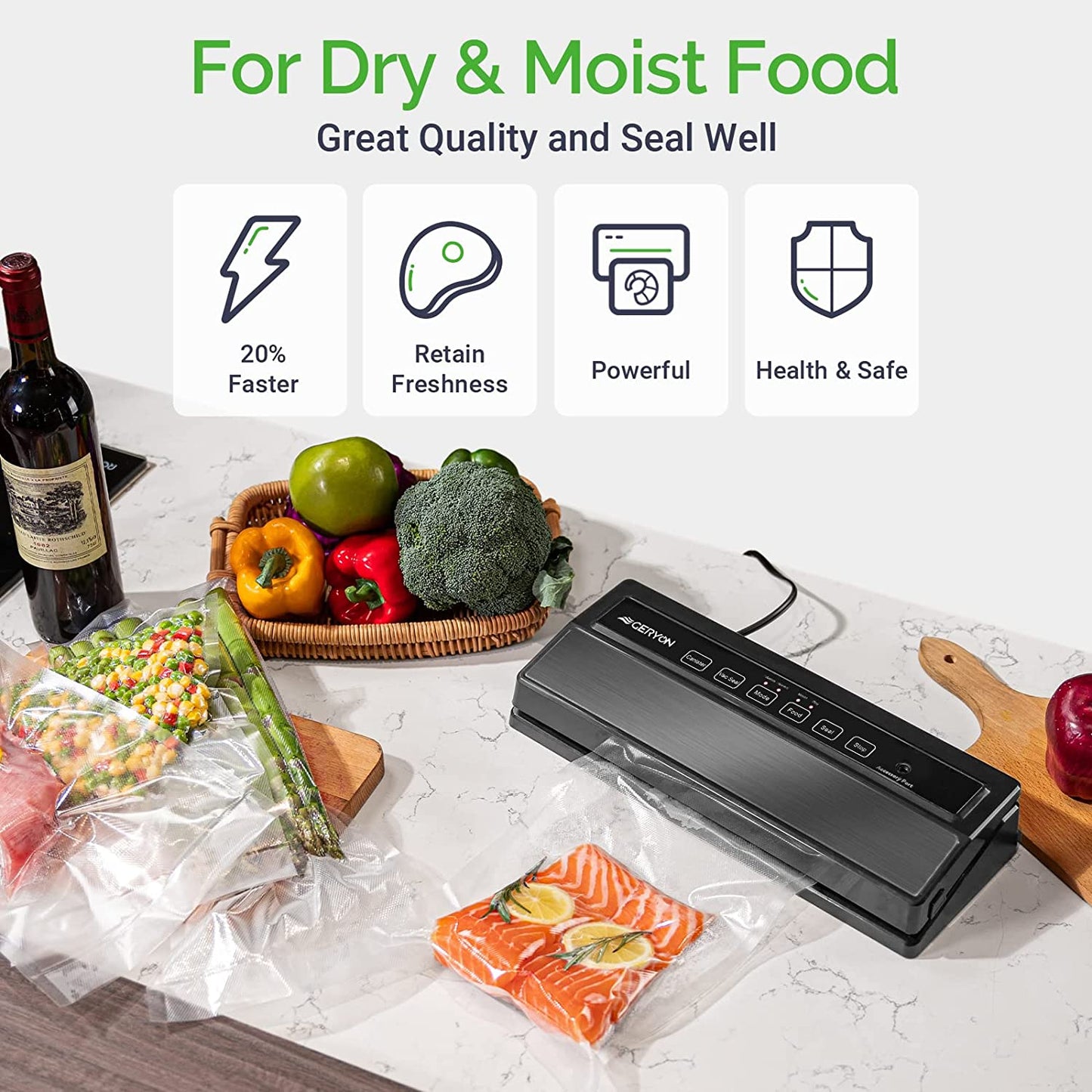 Automatic Vacuum Sealer Machine - Starter Kit with LED Indicator Lights - Easy to Clean - Offers Dry & Moist Food Modes - Compact Design - Color: Black.