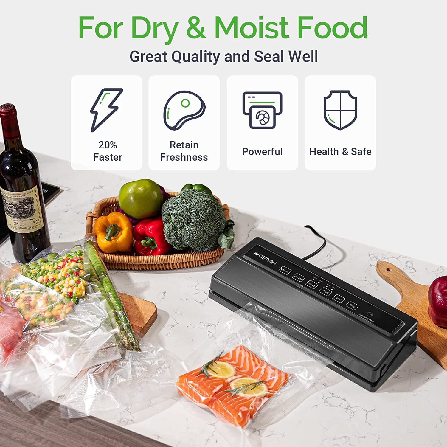Automatic Vacuum Sealer Machine - Starter Kit with LED Indicator Lights - Easy to Clean - Offers Dry & Moist Food Modes - Compact Design - Color: Black.