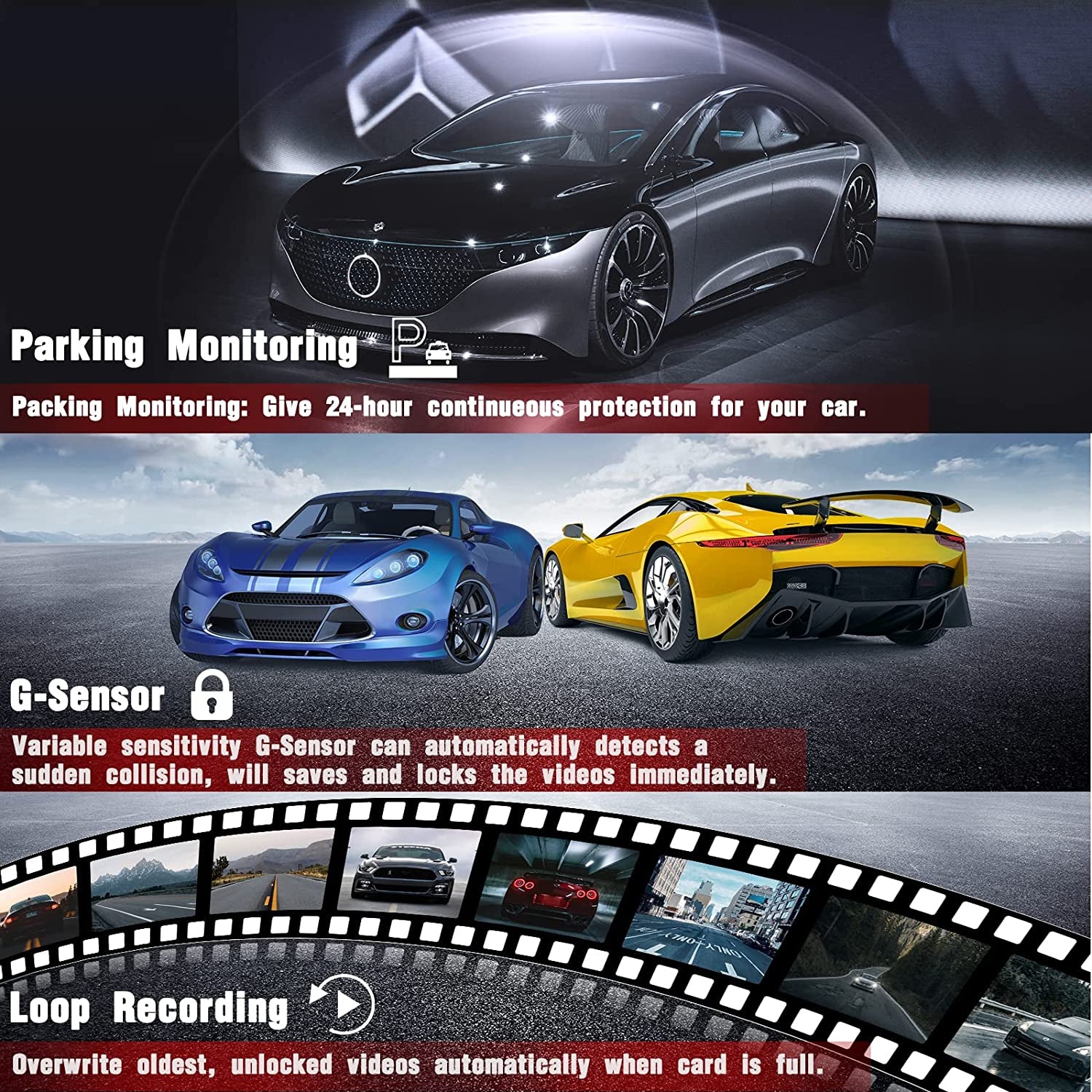 Rotatable Dashcams for Cars with 3 Channel Front and Rear Inside FHD 1080P Dash Cam, SD Card Included, Super Night Vision, Loop Recording, G-Sensor, WDR, and Motion Detection