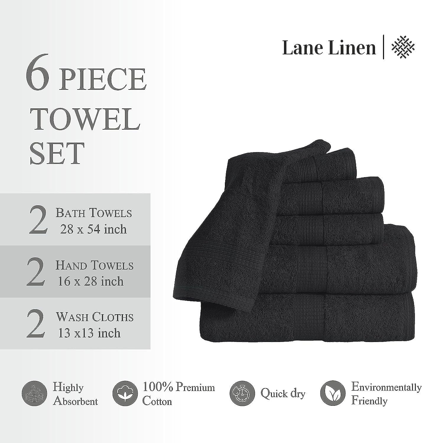 Black Bath Towels for Bathroom Set -100% Cotton 6 Pc Bath Towel Set, Super Absorbent Face Towels, Premium Towel Sets for Bathroom, Soft Bath Towels, 2 Bath Towel, 2 Hand Towels, 2 Wash Cloths