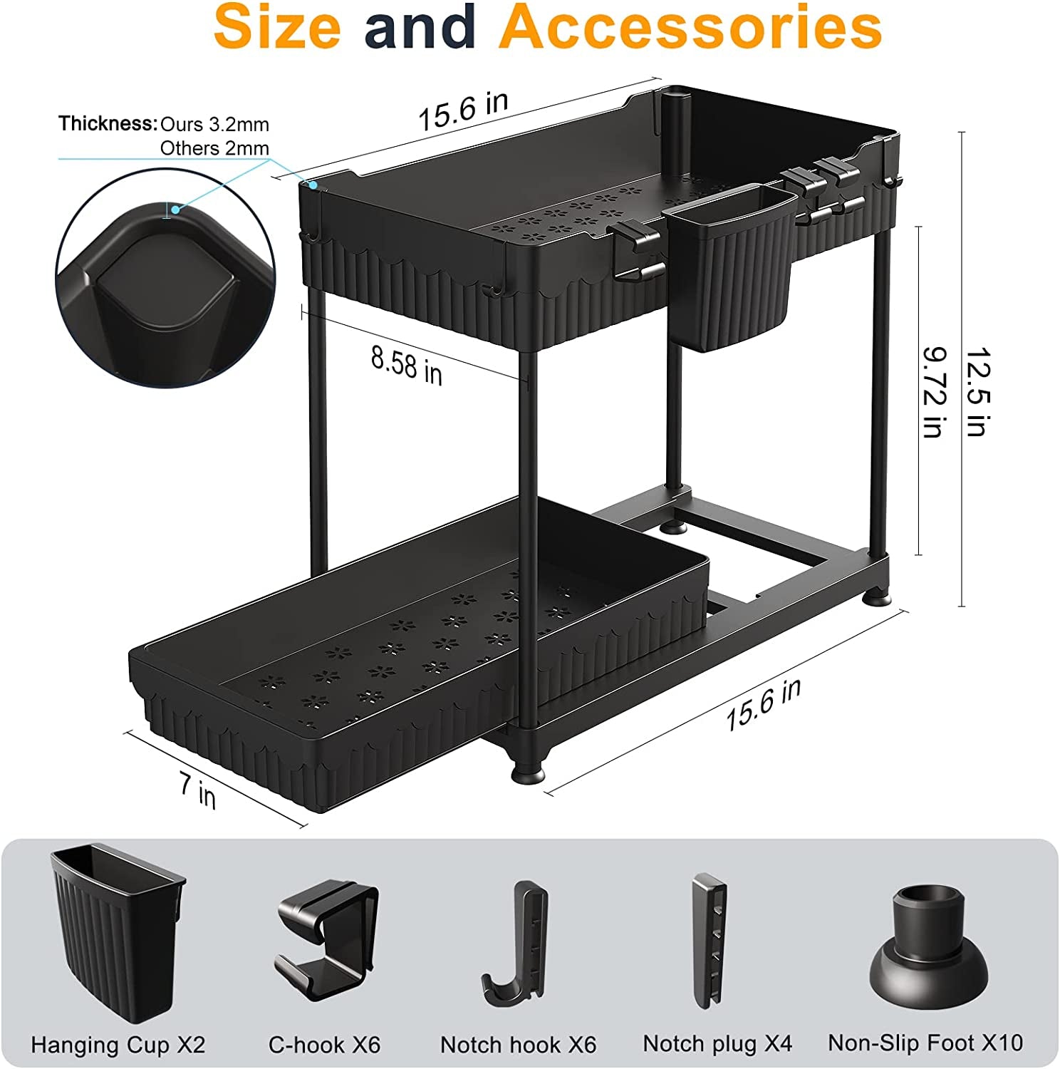 2 Pack Under Sink Organizer and Storage, 2 Tier Sliding Bathroom Organizers, Multi-Use Under Sink Organizer for Bathroom and Kitchen,Black