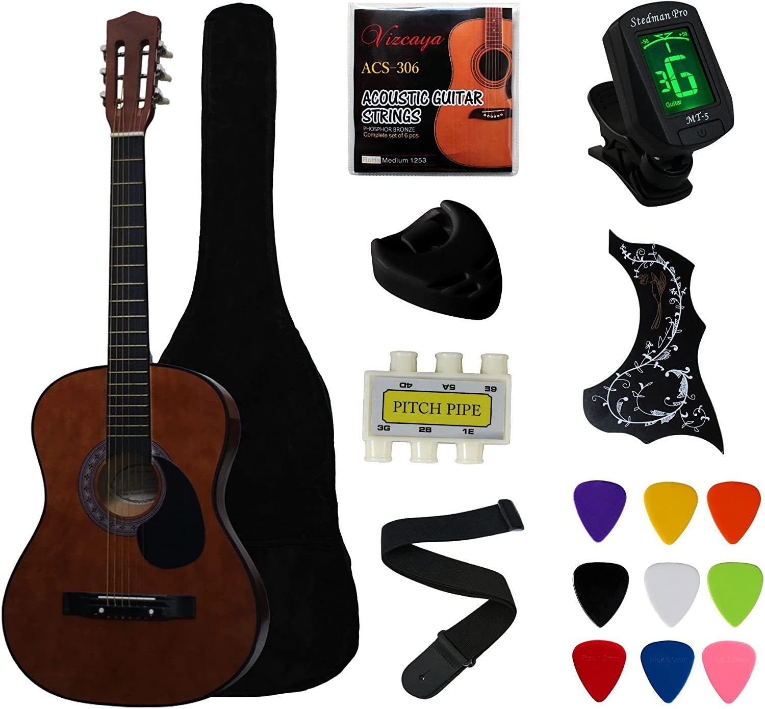 Coffee Acoustic Guitar Starter Package for Beginners - Student Guitar with Gig Bag, Strap, Picks, Pickguards, Pick Holder, Extra Strings, and Electronic Tuner